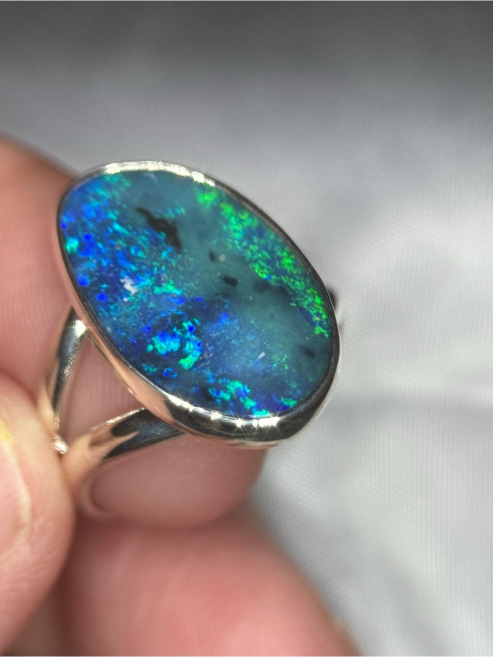 Sterling Silver Blue-Green Opal Oval Ring - Picture 6 of 12